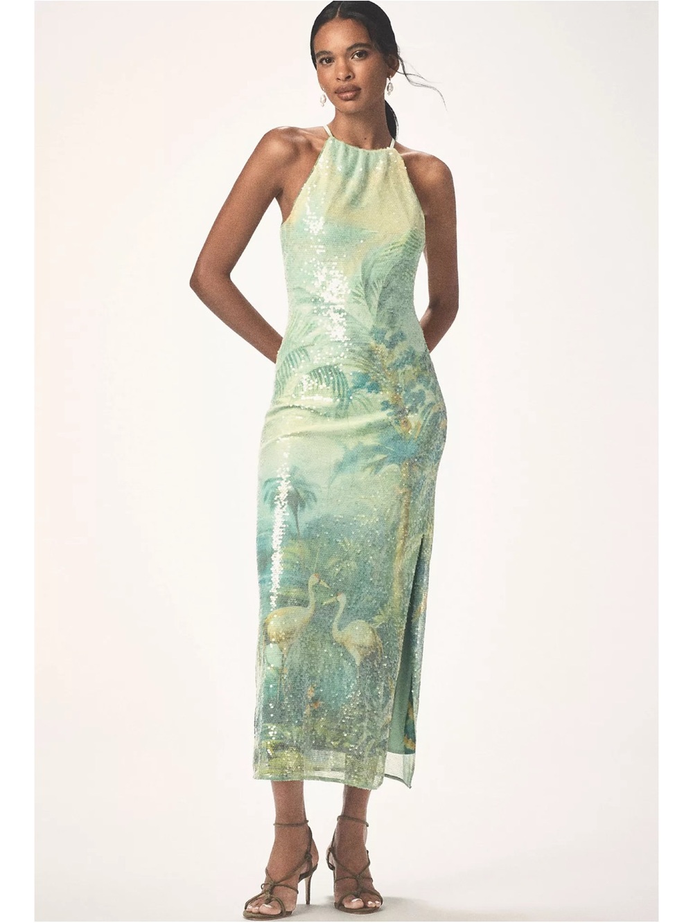 Anthropologie BHLDN Paulina Halter Sequin Midi Dress Green Printed